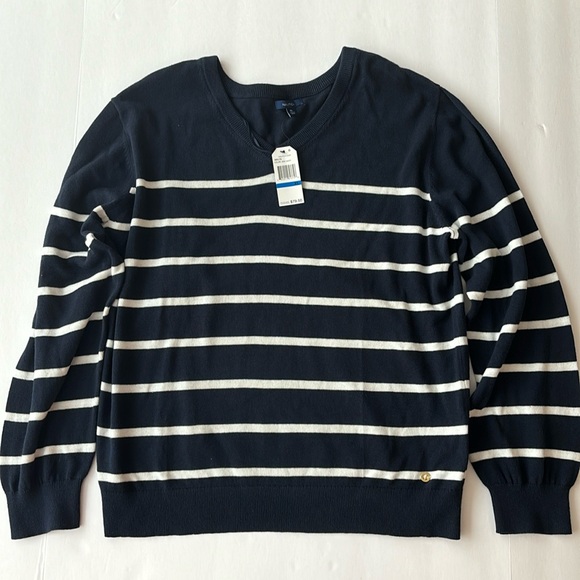 Nautica Top Navy Blue and White Stripes V Neck Long Sleeves 100% Cotton X-Large - Picture 1 of 7